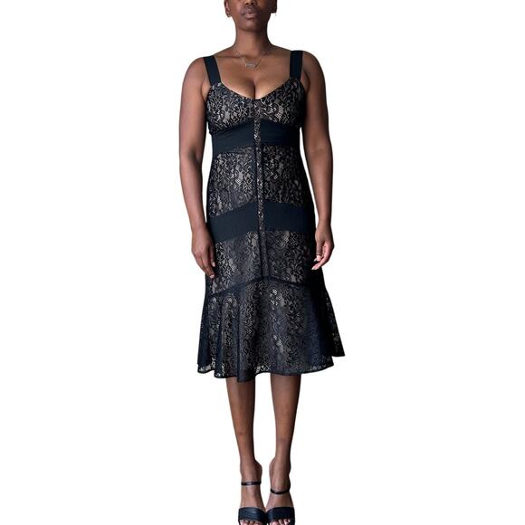 Ann Taylor LOFT Black Lace Sweetheart Neck Trumpet Midi Dress Size 8 - Picture 2 of 11